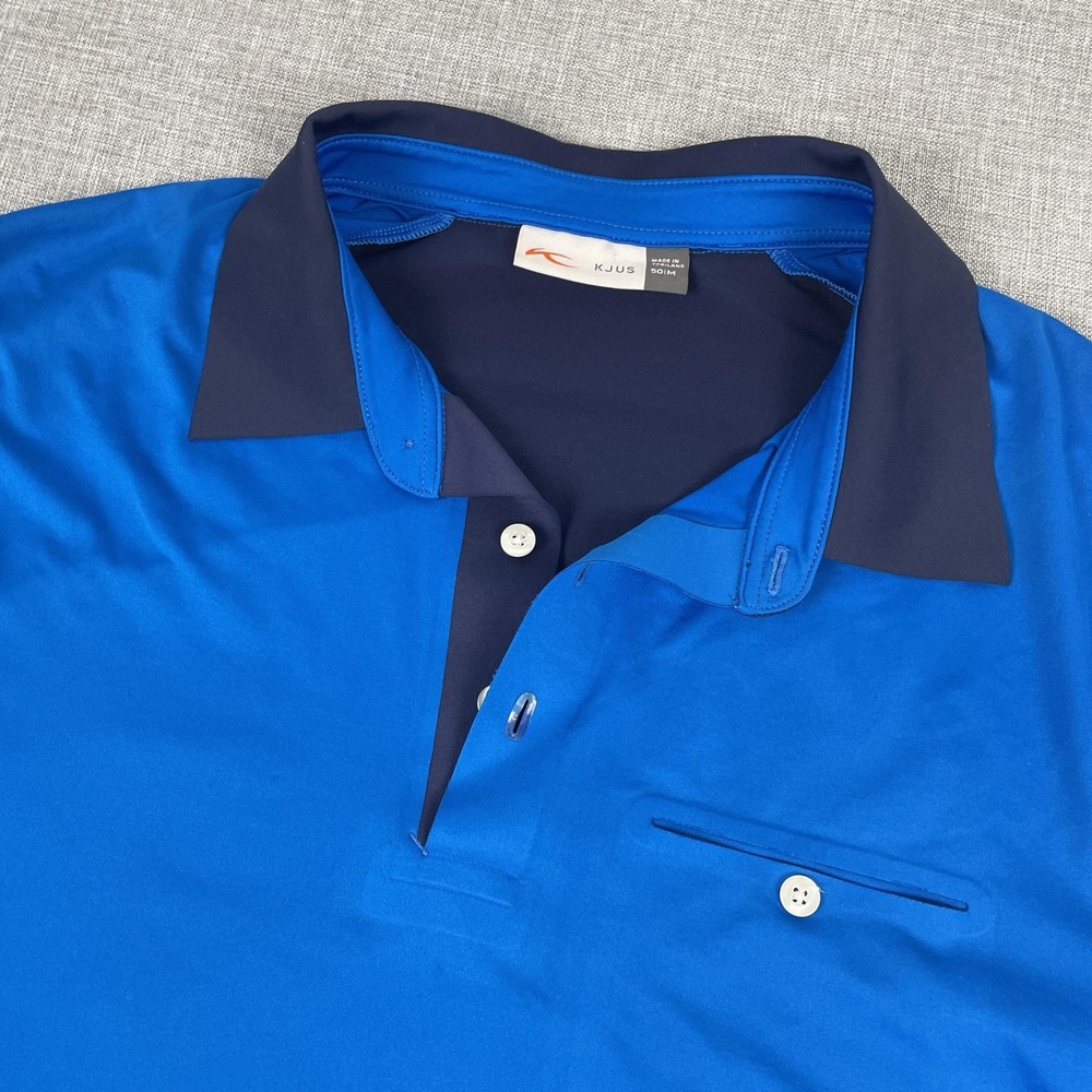 KJUS Polo Shirt Mens M Blue Colorblock Superload Golf UPF 50 Short Sleeve
